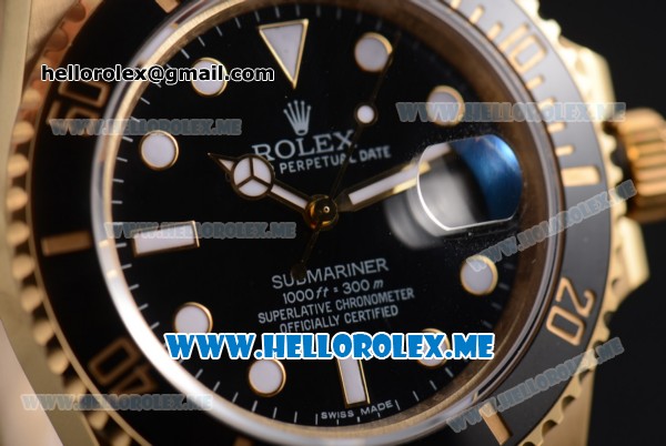 Rolex Submariner Clone Rolex 3135 Automatic Yellow Gold Case/Bracelet with Black Dial and Dot Markers - 1:1 Original (BP) - Click Image to Close
